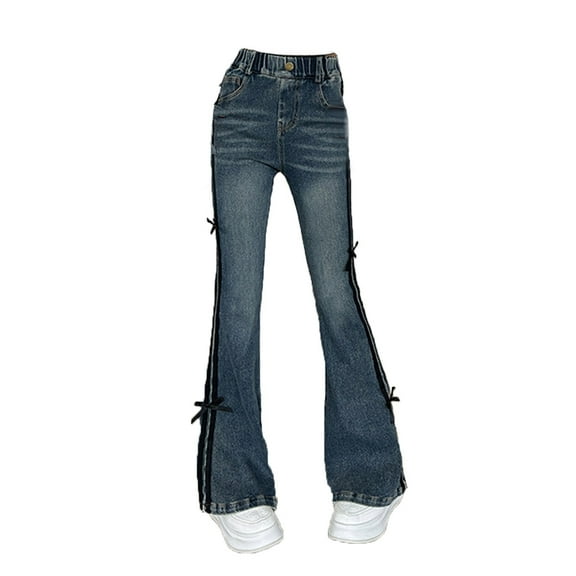 SonxaHe Little Girl Jeans 3D Bow Stretch Waist Active Flare Denim Pants Child Soft Casual Denim Trousers Blue,Sized 5-6