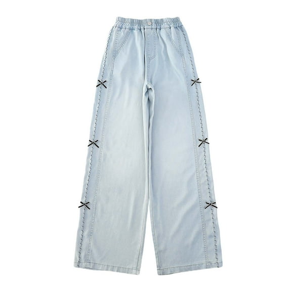 SonxaHe Little Girl Jeans Elastic Waist Wide Leg Jeans Kids Relaxed Casual Demin Pants with Pockets Blue,Sized 6-7