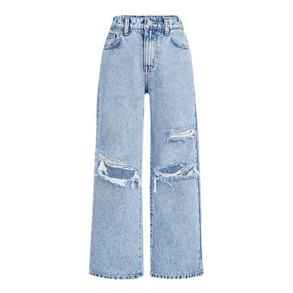 SonxaHe Little Girl Jeans High Elastic Waist Ripped Straight Leg Denim Pants Kids Active Streetwear Trousers Blue,Sized 6-7
