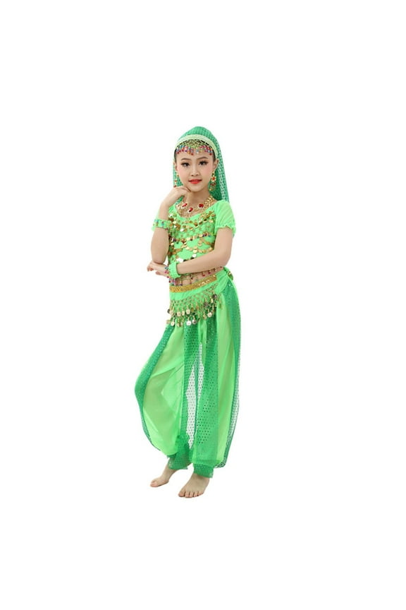 Little Girl Outfits Sequin Short Sleeve Top Mesh Pants with Chain Kids Belly Dance Show Outfit Set,3-Piece Green,Size 5-6 Y
