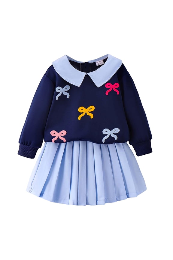 Little Girl School Outfits Collar Bow Embroidery Pullover Top Pleated Skirt Child Classic Cozy Warm Winter Uniform Outfits Blue,Sized 5-6
