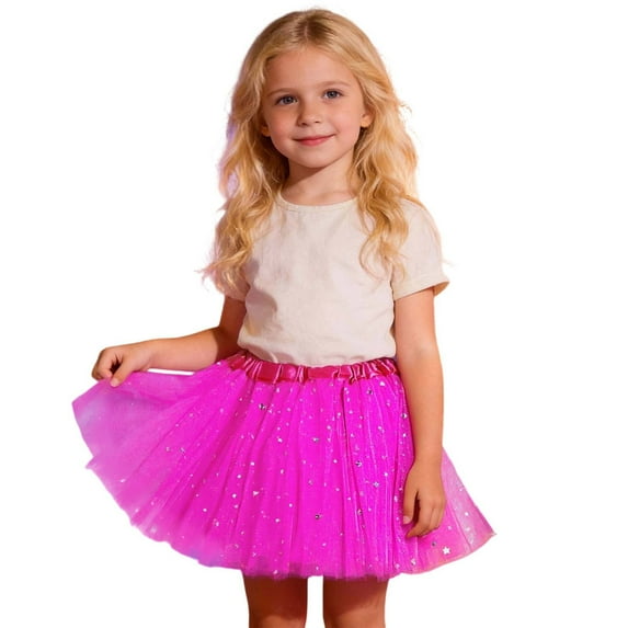 SonxaHe Little Girl Skirt Star Sequin Stretch Waist Tutu Skirts Children Carnival Dance Elastic Waist Mesh Skirts Pink,Sized 3-8