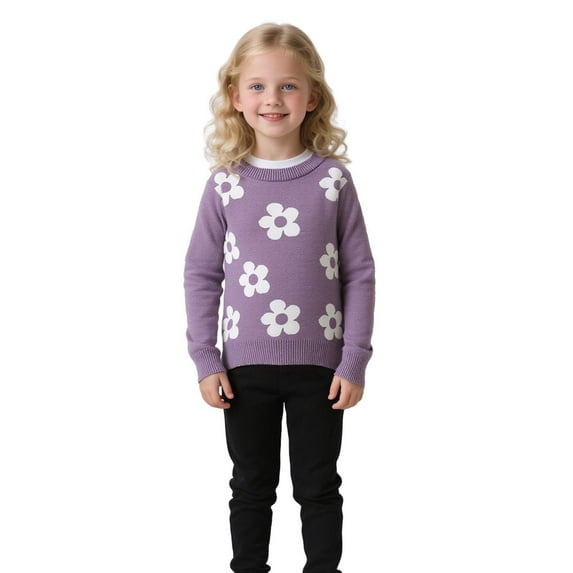 SonxaHe Little Girl' Sweater Floral Embroidery Warm Knitted Pullover Top Child Classic Loose Autumn Winter Sweaters Purple,Sized 5-6