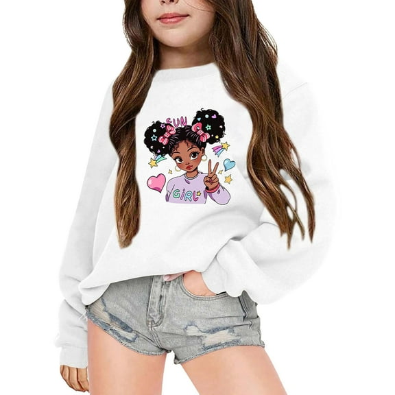 SonxaHe Little Girl Sweatshirts Cartoon Prints Long Sleeve Oversized Outerwear Autumn Winter Sweatshirt White,Sized 5-6