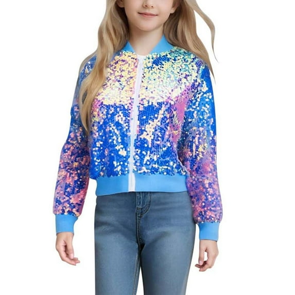 SonxaHe Little Girl's Bomber Jackets Sequin Colorblock Zipper Long Sleeve Jacket Kids Party Dancewear Holiday Jackets Blue,Sized 6-7