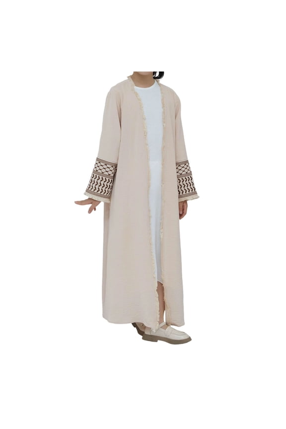 Little Girl's Dresses Embroidered Fringe Long Sleeve Robe Child Spring Soft Traditional Comfortable Dress Beige,Size 5-6 Y