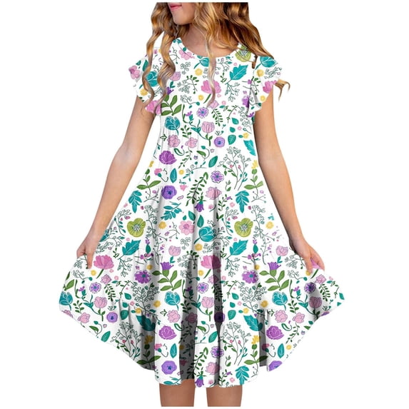 SonxaHe Little Girl's Dresses Flutter Sleeve Flowy Graphic Dress for Summer Party Beach Sun Dresses for Teen Youth White,Size 6-15 Y