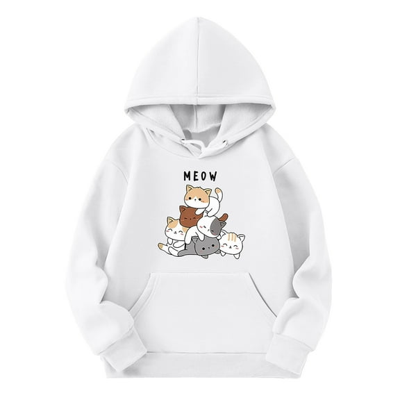 SonxaHe Little Girl's Hoodie Long Sleeve Cartoon Cat Print Soft Oversized Fall Winter Hooded Sweatshirt White,Sized 5-6