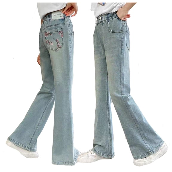 SonxaHe Little Girl's Jeans Straight Wide Leg Denim Pants with Elastic Waist Lightweight Loose Jeans with Pockets Blue,Size 5-6 Y