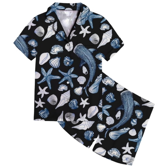 SonxaHe Little Girl's Satin Outfits Cartoon Ocean Prints Short Sleeve Shirt Shorts Children Loose Cozy Loungewear Home Wear Outfits Black,Sized 6-7