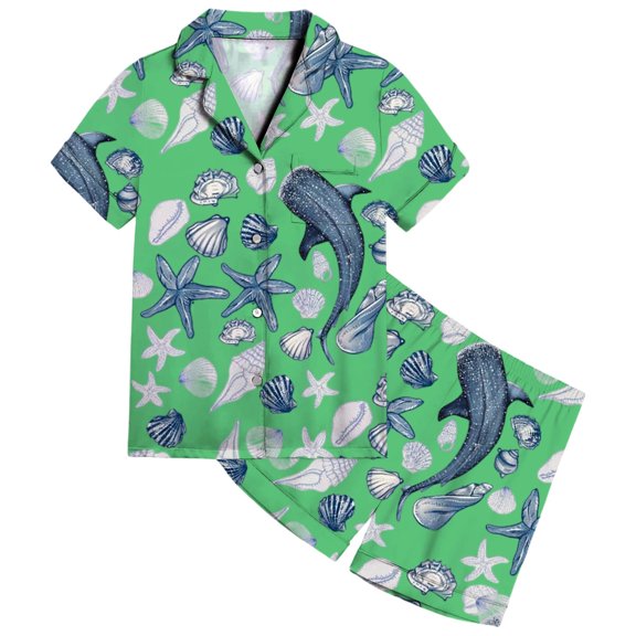SonxaHe Little Girl's Satin Outfits Cartoon Ocean Prints Short Sleeve Shirt Shorts Children Loose Cozy Loungewear Home Wear Outfits Green,Sized 6-7