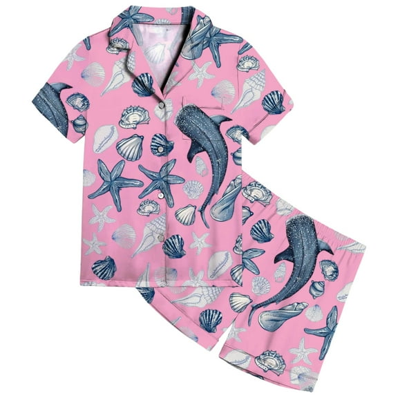 SonxaHe Little Girl's Satin Outfits Cartoon Ocean Prints Short Sleeve Shirt Shorts Children Loose Cozy Loungewear Home Wear Outfits Pink,Sized 6-7