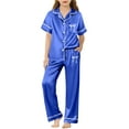 thumbnail image 1 of SonxaHe Little Girl's Silk Outfits Sleepwear Short Sleeve Shirt Pants Kids Comfy Loose Loungewear Nightwear Outfits Blue,Sized 5-6, 1 of 3