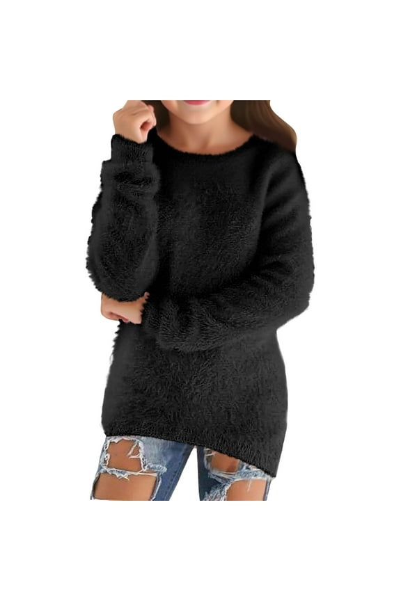Little Girl's Sweater Flannel Fuzzy Soft Loose Knit Sweater Kids Comfy Warm Thickened Fall Winter Sweaters Black,Sized 5-6
