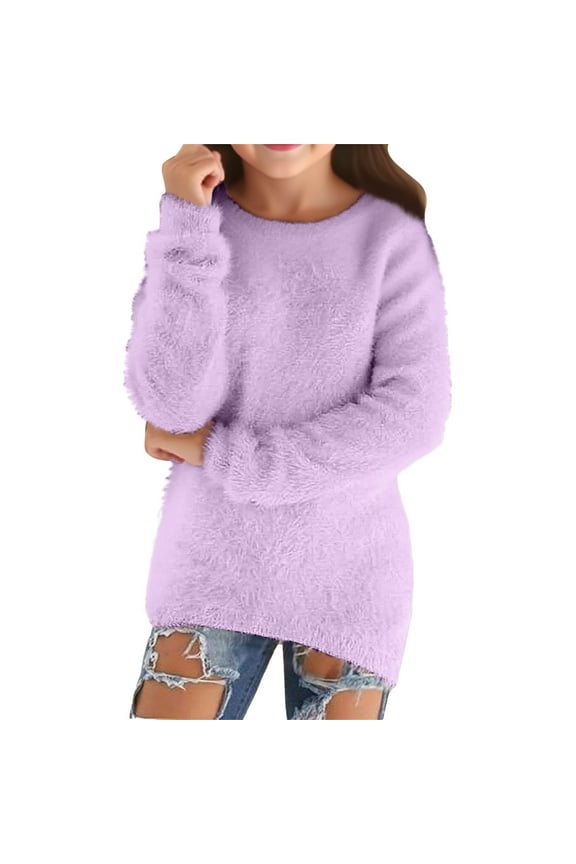 Little Girl's Sweater Flannel Fuzzy Soft Loose Knit Sweater Kids Comfy Warm Thickened Fall Winter Sweaters Purple,Sized 5-6