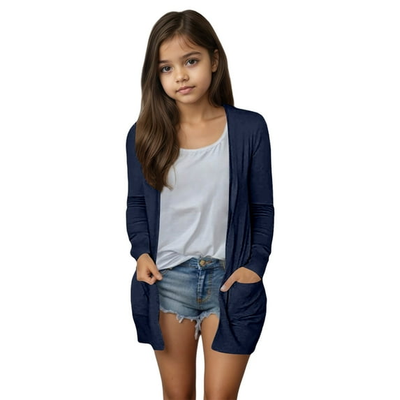 SonxaHe Little Girl's Sweater Long Sleeve Stylish Cardigan with Pocket Soft Comfy Thin Outerwear Sweaters Blue,Sized 5-6
