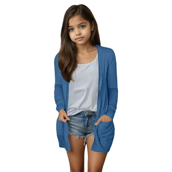 SonxaHe Little Girl's Sweater Long Sleeve Stylish Cardigan with Pocket Soft Comfy Thin Outerwear Sweaters Blue,Sized 5-6