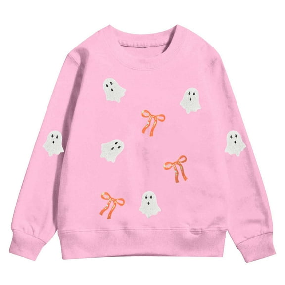 WhouRiu Little Girl's Sweatshirt Halloween Ghost Prints Long Sleeve Holiday Cozy Soft Fall Loose Sweatshirt Pink,Sized 5-6