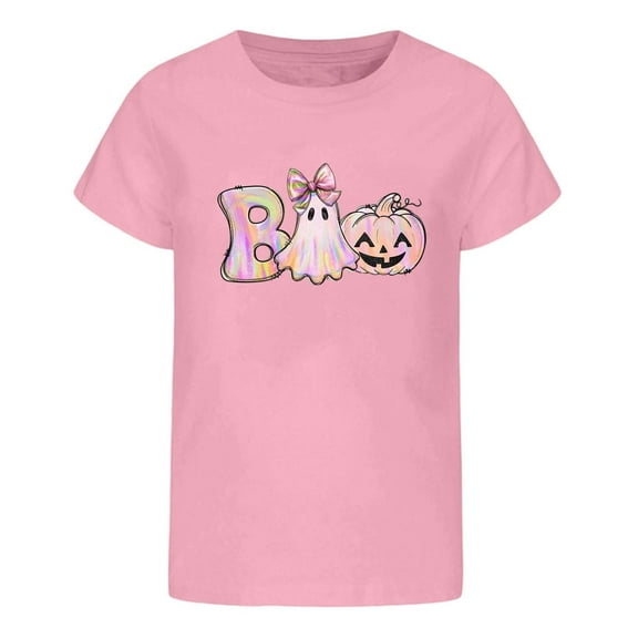 SonxaHe Little Girl's T Shirt Halloween Prints Short Sleeve Tee Child Party Cozy Loose Casual Tshirt Pink,Sized 6-7
