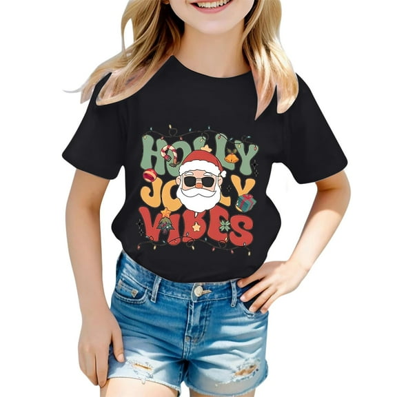 SonxaHe Little Girl's Tshirt Christmas Santa Letter Print Short Sleeved T-Shirt Kids Holiday Party Cozy Casual T Shirt Black,Sized 6-7