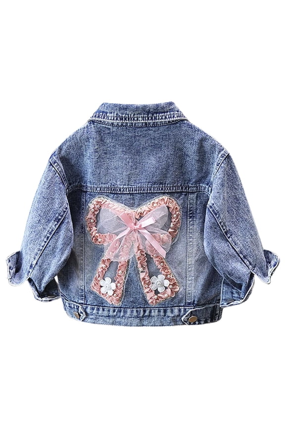 Little Girls Denim Jackets Bow Embroidery Button Long Sleeve Coat Kids Stylish Streetwear Fall Jeans Jacket Pink,Sized 6-7