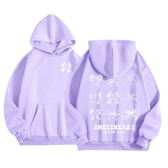 SonxaHe Little Girls Hooded Sweatshirts Bow Prints Long Sleeve Oversized Casual Winter Pullover Hoodie Purple,Sized 5-6