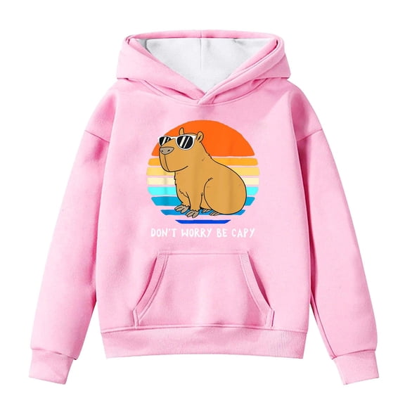 SonxaHe Little Girls' Hooded Sweatshirts Cartoon Capybara Oversized Pocket Hoodies Kids Comfy Fall Winter Hoodies Pink,Sized 6-7