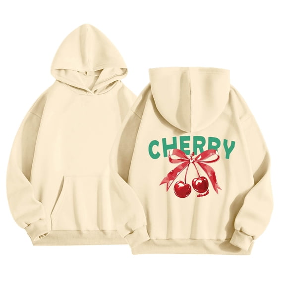 SonxaHe Little Girls' Hooded Sweatshirts Long Sleeve Cherry Prints Oversized Soft Comfy Pullover Hoodie Beige,Sized 5-6