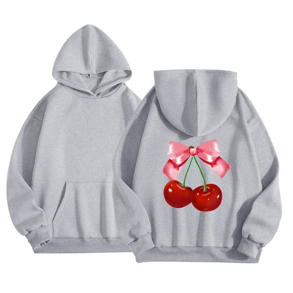 SonxaHe Little Girls Hoodies Cherry Prints Long Sleeve Comfy Cozy Loose Hooded Sweatshirts with Pocket Gray,Sized 5-6