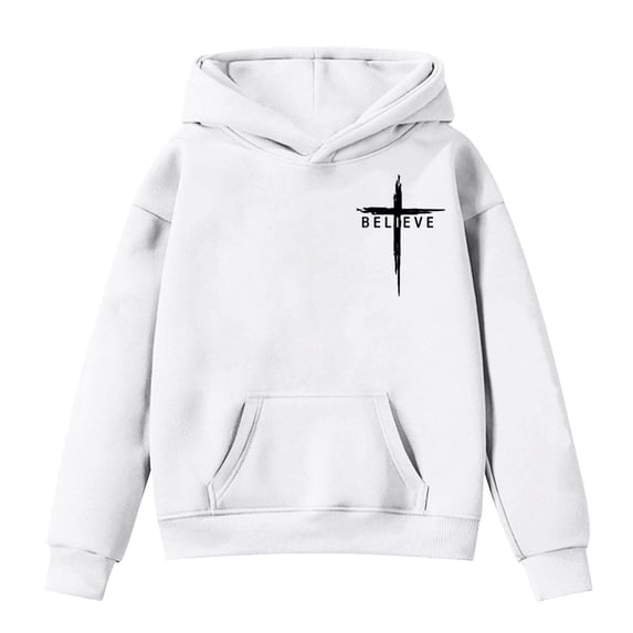 SonxaHe Little Girls Hoodies Cross Print Long Sleeved Hooded Sweatshirt Child Oversized Sports Outdoor Fall Winter Hoodies White,Sized 6-7