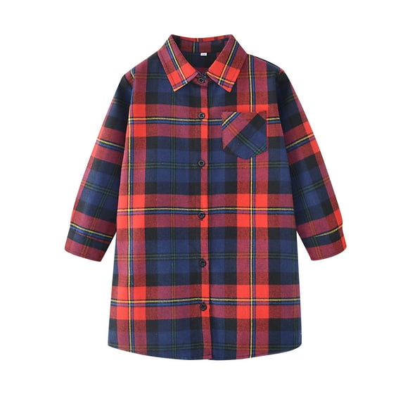 SonxaHe Little Girls Jacket Flannel Button Down Long Sleeve Mid Length Plaid Shirts Cozy Fall Casual Jacket Red,Sized 5-6