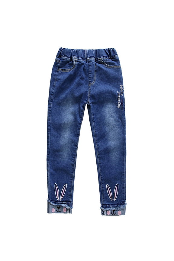 Little Girls' Jeans Rabbit Pattern Stretch Denim Leggings Kids Comfy Active Fall Denim Trousers Blue,Sized 5-6