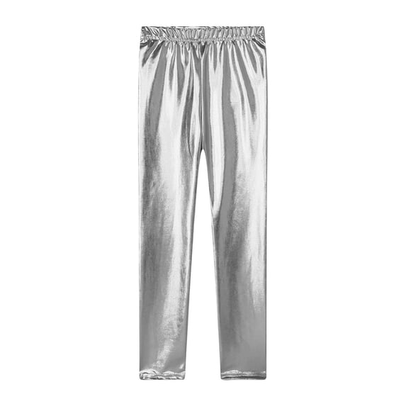 SonxaHe Little Girls Leggings Shiny Stretchy Comfortable Metallic Pants Children Party Play Pants for Spring Fall Silver,Size 6-7 Y
