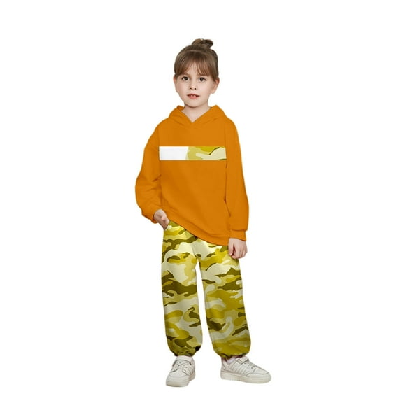 Girls Outfit Set Long Sleeve Oversized Hooded Sweatshirt Camo Print Pants Children Sports Loose Autumn Outfits