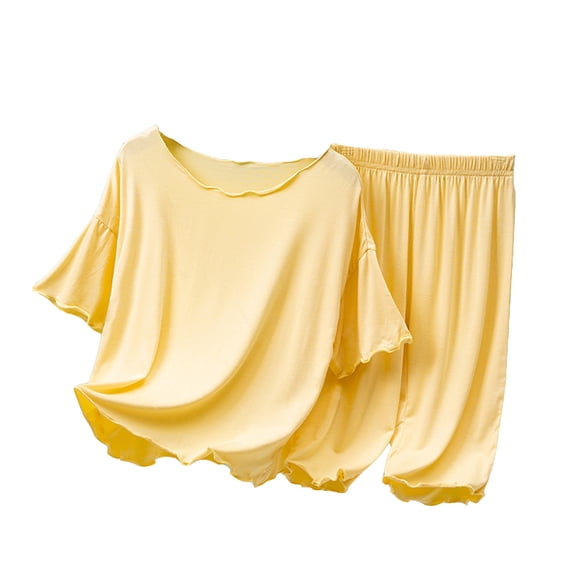 SonxaHe Little Girls' Outfits Solid Breathable Short Sleeve T-Shirt Pants Child Thin Lightweight Home Wear Outfit Set Yellow,Sized 6-7