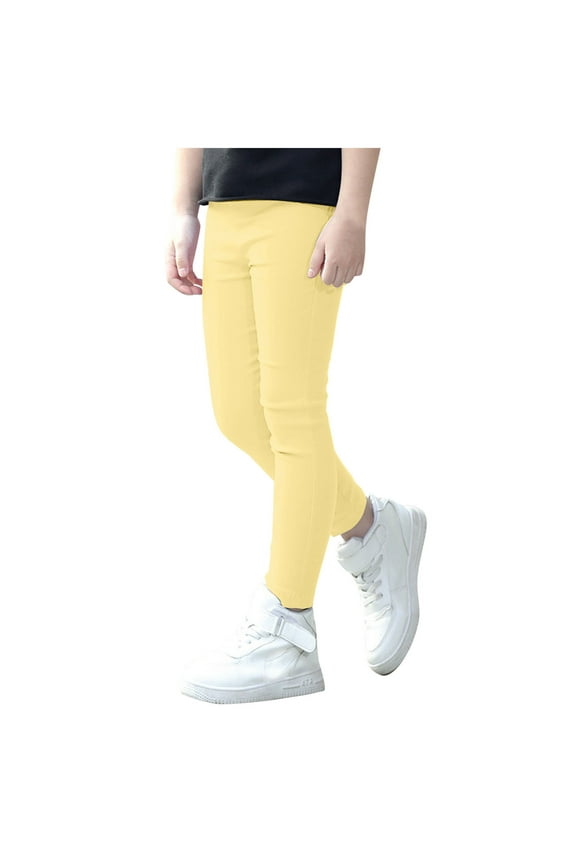 Little Girls Pants Elastic Waist Stretch Pencil Skinny Pants Kids Slim Dancewear Casual Trouser Yellow,Sized 5-6