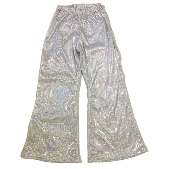SonxaHe Little Girls Pants Sequin Glitter Flare Leg Bottom Trousers Child Holiday Party Dancewear Loose Costume Pants Silver,Sized 5-6