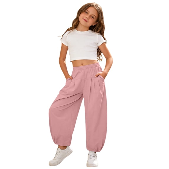 SonxaHe Little Girls Pants Solid High Waist Loose Breathable Pants Summer Lightweight Sports Beach Trousers Pink,Size 2-13