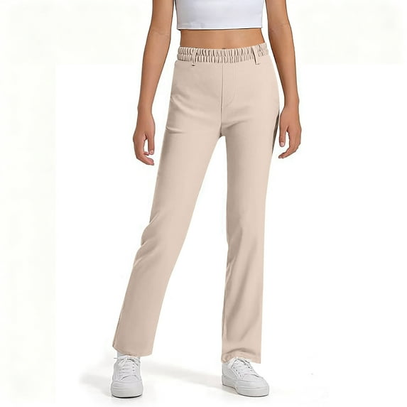 SonxaHe Little Girls School Pants High Waist Stretchy Trousers Active Cozy Straight Leg Sports Pants for Teens Beige,Size 5-6 Y