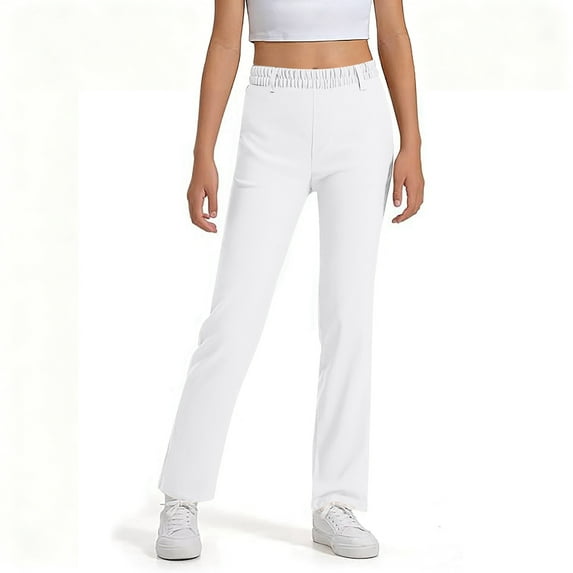 SonxaHe Little Girls Pants Stretch High Waist Active Straight Leg Pants Child Comfy Athletic School Wear Uniform Trousers White,Sized 5-6