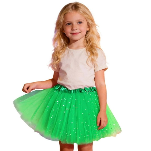 SonxaHe Little Girl Skirt Star Sequin Stretch Waist Tutu Skirts Children Carnival Dance Elastic Waist Mesh Skirts Green,Sized 3-8