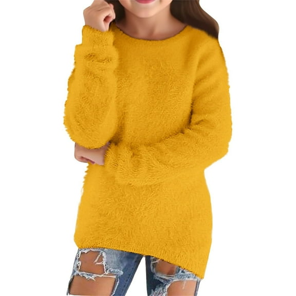 SonxaHe Little Girls Sweater Flannel Warm Loose Long Sleeve Knit Top Kids Fuzzy Thickened Soft Cozy Winter Sweaters Yellow,Sized 5-6