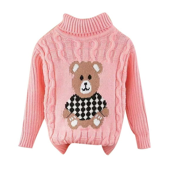 SonxaHe Little Girls Sweater High Neck Cartoon Bear Pattern Knitted Top Child Loose Warm Cozy Fall Winter Sweaters Pink,Sized 6-7