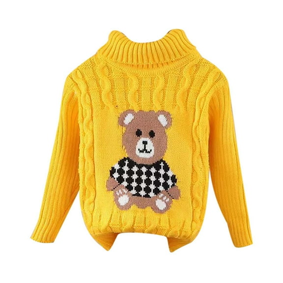 SonxaHe Little Girls Sweater High Neck Cartoon Bear Pattern Knitted Top Child Loose Warm Cozy Fall Winter Sweaters Yellow,Sized 6-7