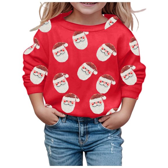 SonxaHe Little Girls Sweatshirt Christmas Santa Print Long Sleeved Top Kids Xmas Holiday Party Loose Fall Winter Sweatshirts Red,Sized 6-7