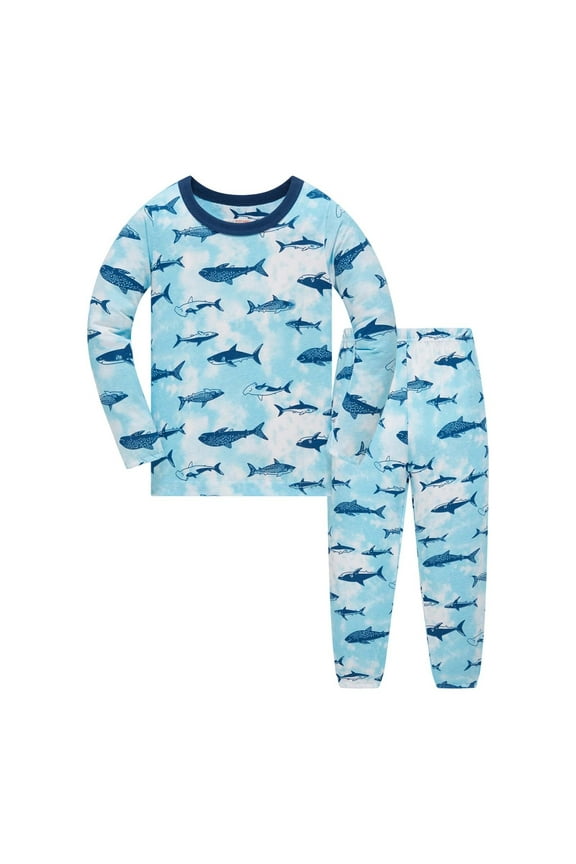Little Little Boy Outfit Set Shark Prints Long Sleeve Tshirt Trousers Kids Sleepwear Comfy Breathable Home Wear Outfits Blue,Sized 5-6