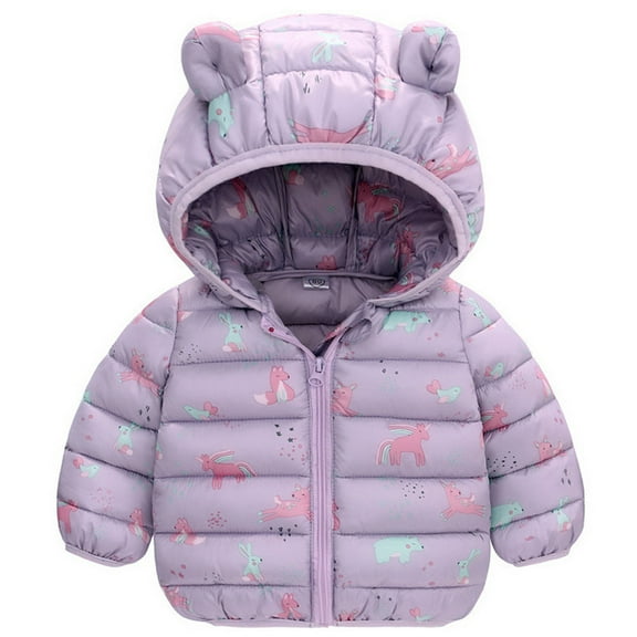SonxaHe Boy Girl Winter Coat Cartoon Dinosaur Prints Thick Warm Hooded Quilted Puffy Waterproof Purple,Sized 6-12 M