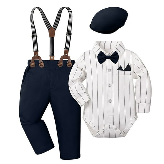 SonxaHe Newborn Boy's Outfit Set Long Sleeve Lapel Bodysuit Suspenders Pants Baby Formal Comfy Party Autumn Outfits,4-Piece Multi-Colour,Sized 0-3 M