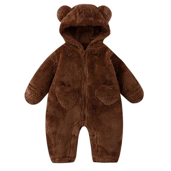 SonxaHe Newborn Boys Flannel Outfits Winter Fleece Warm Bear Hooded Romper Baby Soft Cozy Sleepwear Homewear Outfit Set Brown,Sized 0-3 M