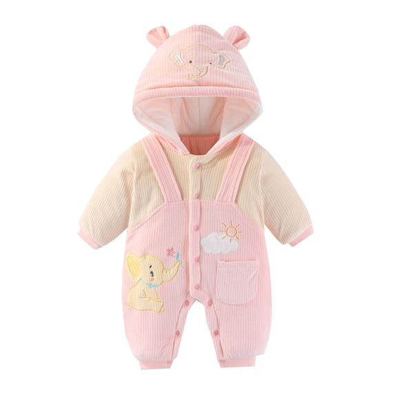 SonxaHe Newborn Boys Girls Romper Cartoon Elephant Long Sleeve Hooded Jumpsuit Fleece Cozy Soft Bodysuit for Baby Pink,Size 0-3 M